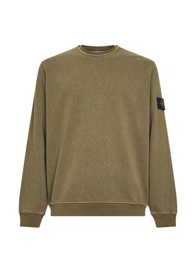 Stone Island Ribbed Crew Neck Sweatshirt With Iconic Badge For Men In Green