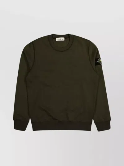 Stone Island Ribbed Crewneck Fleece Sweatshirt With Long Sleeves In Green