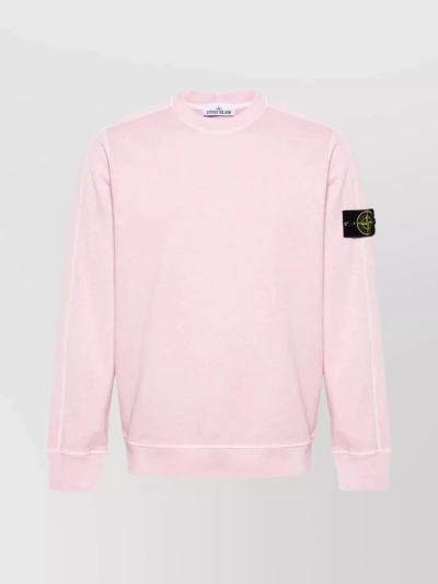 Stone Island Ribbed Crewneck With Sleeve Badge In Pink