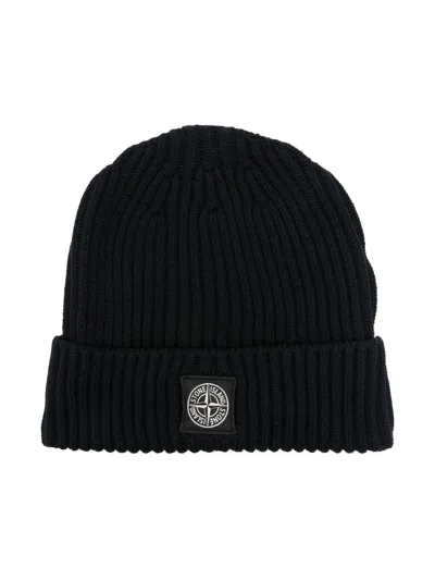 Stone Island Kids' Ribbed-knit Beanie In Black