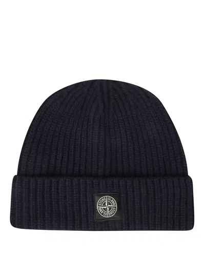 Stone Island Ribbed Knit Beanie Hat With Folded Cuff In Black