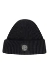 Stone Island Ribbed Knit Beanie With Folded Cuff And Logo In Black