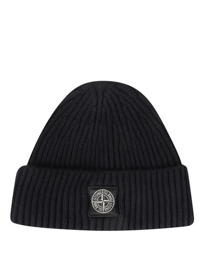 Stone Island Ribbed Knit Beanie With Folded Cuff And Logo In Black
