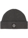 Stone Island Ribbed Knit Beanie With Folded Cuff And Logo Patch In Gray