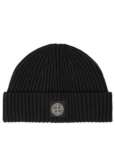 Stone Island Ribbed Knit Beanie With Folded Cuff In Black