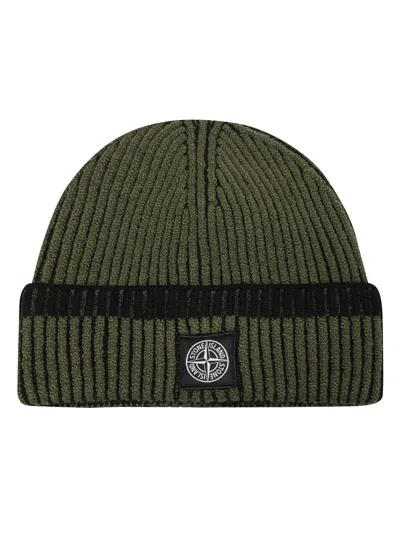 Stone Island Ribbed Knit Beanie With Subtle Logo Detail In Green