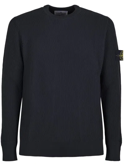 STONE ISLAND RIBBED KNIT BLACK SWEATER WITH LOGO PATCH