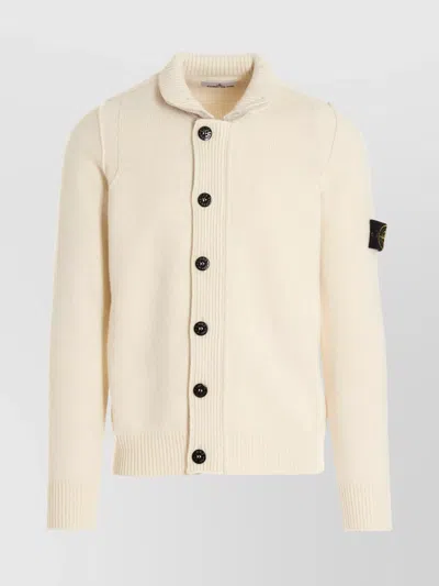 Stone Island Ribbed Knit Cardigan Felt Collar In Neutral