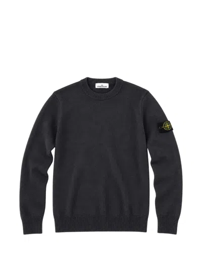 Stone Island Ribbed Knit Crewneck Sweater With Reversed Shoulder Bands In Black