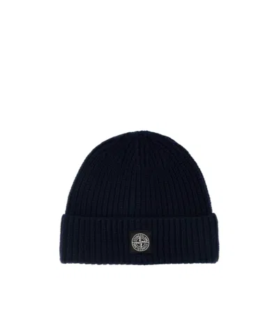 Stone Island Ribbed Knit Hat In Blue