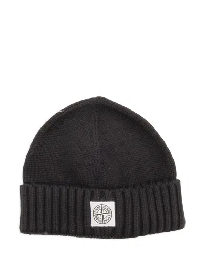 Stone Island Kids' Ribbed-knit Logo Beanie In Black