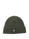 Stone Island Beanie With Compass Patch And Ribbed Cuff In Green