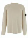 Stone Island White Sweater With Ribbed Design And Logo Patch On Sleeve In Virgin Wool Blend Man In Neutral