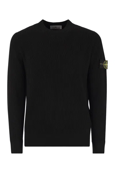 Stone Island Ribbed Knit Sweater With Logo Patch In Black