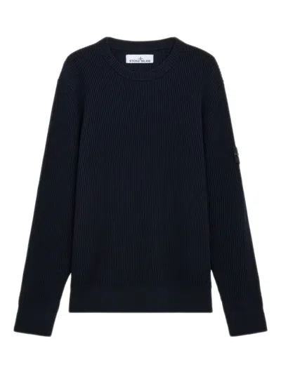 Stone Island Ribbed-knit Virgin Wool Sweater With Signature Patch In Blue