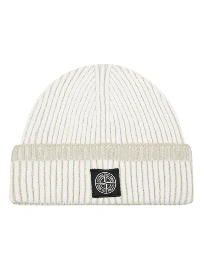 Stone Island Ribbed Knitted Beanie With Folded Cuff In White