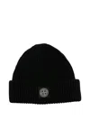 Stone Island Light Wool Knitted Beanie With Compass Patch In Black