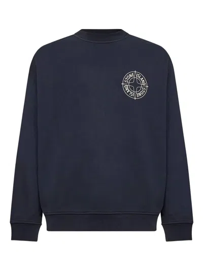 Stone Island Ribbed Neckline Compass Logo Sweatshirt With Raised Chest Print And Back Motif In Blue