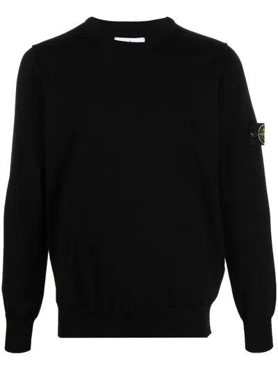 Stone Island Ribbed Neckline Cotton Sweater With Stone Badge Detail In Black