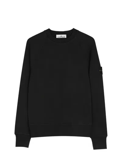 Stone Island Ribbed Neckline Raglan Sweatshirt With Left Sleeve Badge In Nero