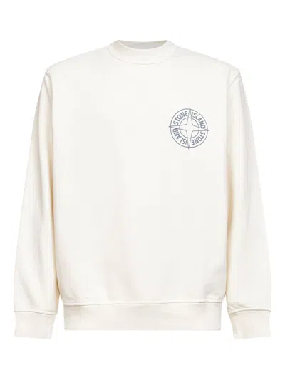 Stone Island Ribbed Neckline Sweatshirt With Raised Compass Logo Print In White