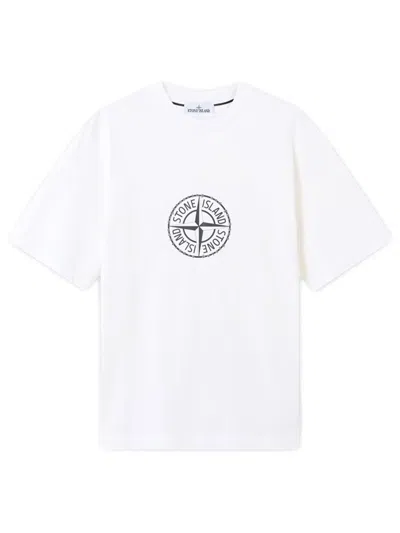 Stone Island Ribbed Neckline T-shirt With Compass Logo And Embossed Details In White
