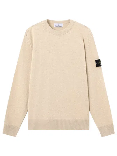 Stone Island Ribbed Necktline Wool Sweater With Badge Detail In Beige