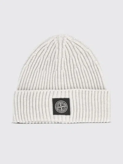 Stone Island Ribbed Rws Virgin Wool Beanie Hat With Compass Logo Patch In White