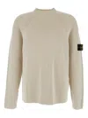 Stone Island White Sweater With Ribbed Design And Logo Patch On Sleeve In Virgin Wool Blend Man In Animal Print