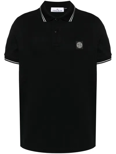 Stone Island Ribbed Two-button Polo With Contrast Cuffs - Size M In Nero