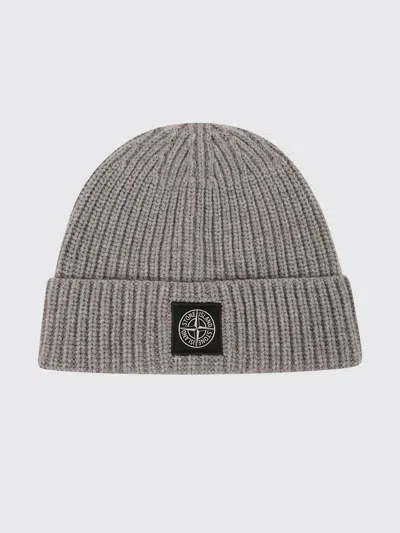 Stone Island Ribbed Virgin Wool Beanie Hat With Compass Logo In Gray