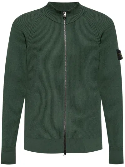 Stone Island Ribbed Virgin-wool Cardigan In Green