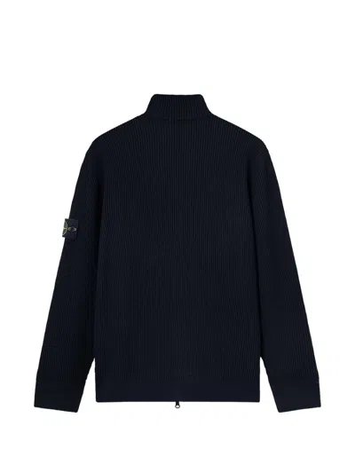 Stone Island Ribbed Virgin Wool Cardigan In Blue