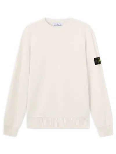 Stone Island Ribbed Virgin Wool Crewneck Jumper With Sleeve Badge In Neutral