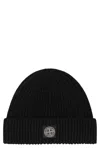 Stone Island Light Wool Knitted Beanie With Compass Patch In Black