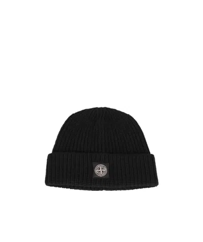 Stone Island Ribbed Wool Beanie Hat In Black