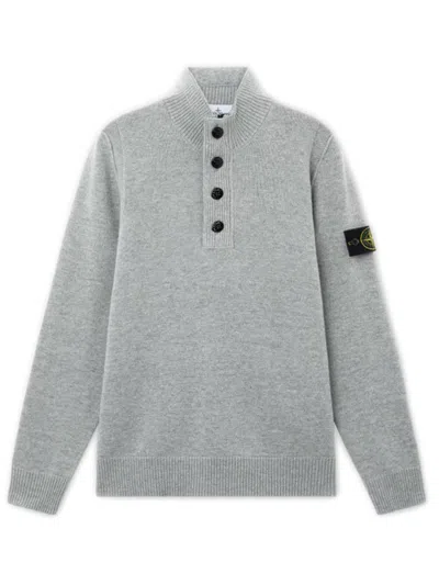 Stone Island Ribbed Wool Sweater With Felt-trim Stand-up Collar And Short Zip Closure In Grigio