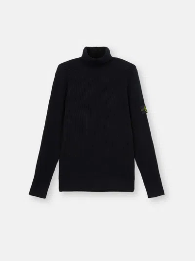 Stone Island Ribbed Wool Turtleneck Sweater In Blue