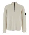 Stone Island White Sweater With Logo Patch On The Sleeve And Front Half Zip Closure In Wool Stretch Man In White