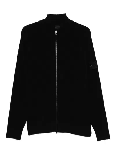 Stone Island Ribbed Zip-up Cardigan In Black