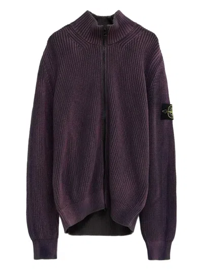 Stone Island Ribbed Zip-up Cardigan In Purple