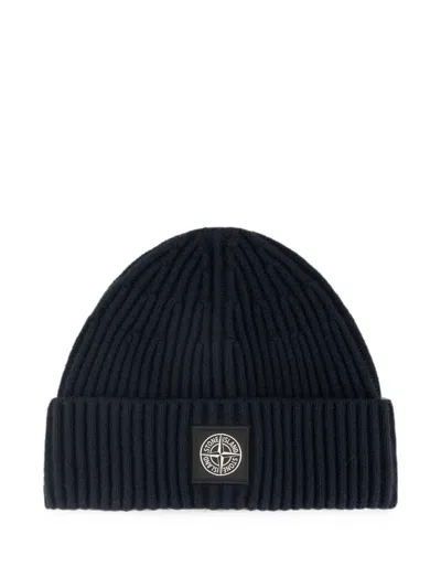 Stone Island Geelong Wool Beanie With Rib Knit And Compass Logo Patch In Blue
