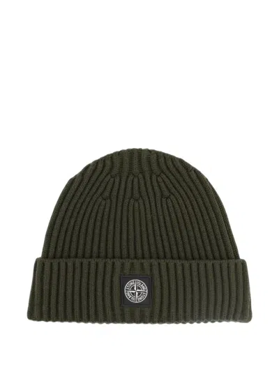 Stone Island Kids' Ribbed-knit Logo-patch Beanie Hat In Green
