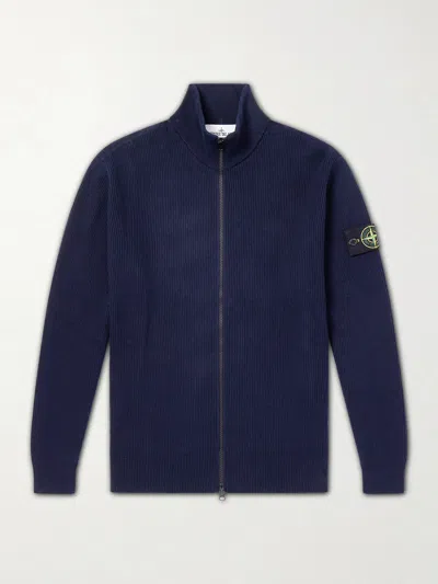 Stone Island Ribbed-knit Organic Cotton Zip-up Cardigan In Blue