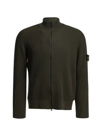 Stone Island Ribbed-knit Zip-up Cardigan In Green