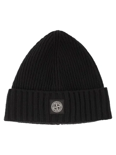 Stone Island Rib-knit Wool Blend Beanie With Compass Logo In Black