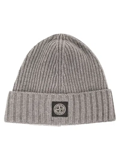 Stone Island Rib-knit Wool Blend Beanie With Compass Logo In Gray