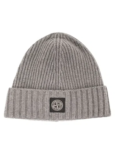 Stone Island Rib-knit Wool Blend Beanie With Compass Logo In Gray