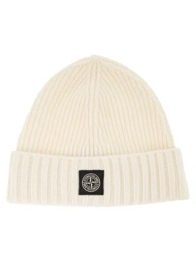 Stone Island Rib-knit Wool Blend Beanie With Compass Logo In Neutral