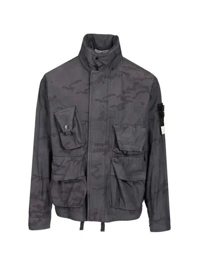 Stone Island Multi-pocket Camouflage Utility Jacket In Ripstop Nylon In Black